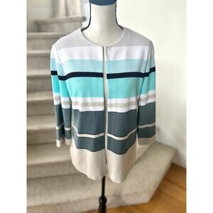 Misook Multi Stripe Black, Aqua Blue & Tan Open Knit Cardigan